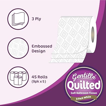 Gentille Quilted 90 Rolls 3 Ply Luxury Quilted Soft Toilet Bathroom Tissue