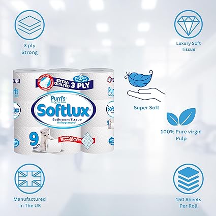 Softlux Non Scented Luxury 3 Ply Tissue Toilet Rolls 45 Pack Soft Strong Absorbent