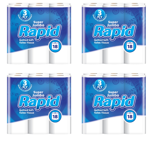 72 Pack 3 Ply Super Rapid Jumbo Luxury Quilted Toilet Tissue Pack 18x4