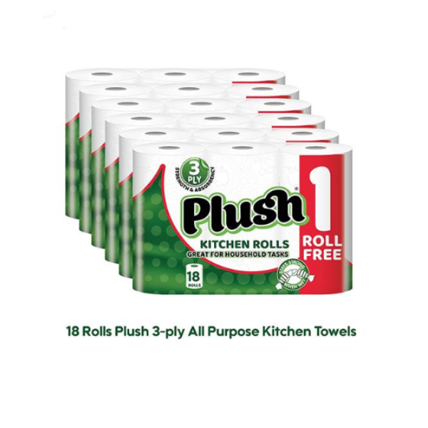 18 Rolls Plush 3 Ply Thickness Paper Towel-Extra Strong, Absorbent, Tough, Durable Kitchen Rolls- All Purpose Kitchen Towels -6 Pack of 3 Rolls