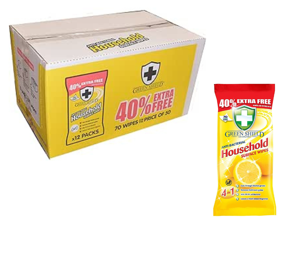 Greenshield, Large Antibacterial Household Surface Cleaning Wipes, Lemon, 70 Count Box Of 12