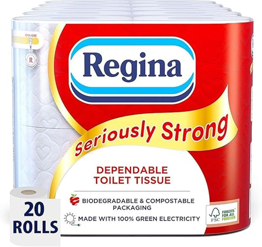 Regina Seriously Strong Toilet Tissue, 20 Rolls White Strong Absorbent Toilet Paper Loo Rolls