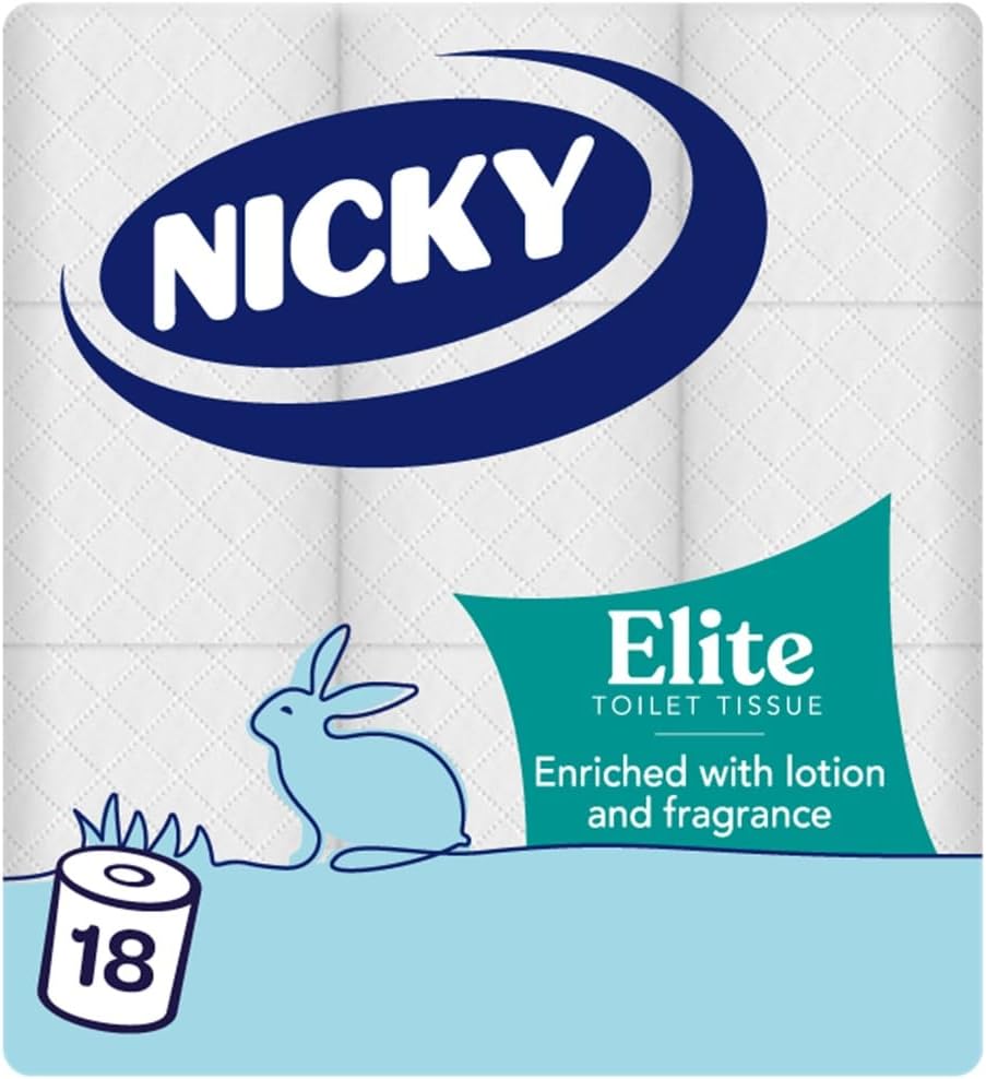 Nicky Elite Scented Toilet Tissue - 18 Rolls of White Toilet Paper, 3-ply, Talc Scent, Softness to The Skin, Enriched with Lotion, Extra Value Pack, 100% FSC Certified Paper