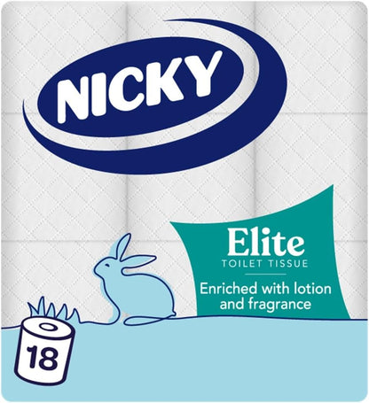 Nicky Elite Scented Toilet Tissue - 18 Rolls of White Toilet Paper, 3-ply, Talc Scent, Softness to The Skin, Enriched with Lotion, Extra Value Pack, 100% FSC Certified Paper