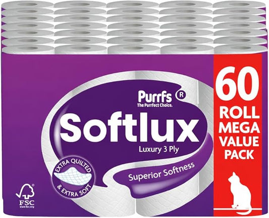 Softlux 60 Classic Unscented 3 Ply Toilet Roll Embossed Tissue Paper Quilted Mega Pack