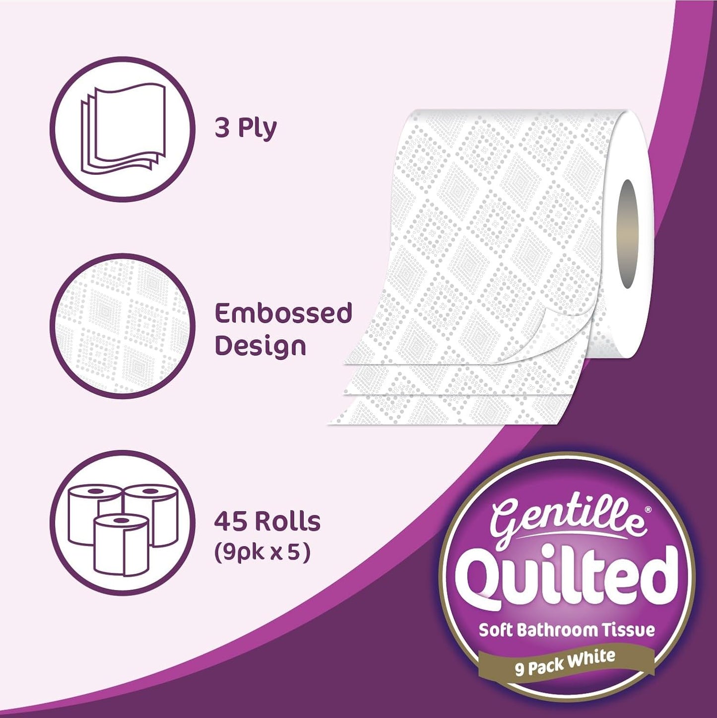 Gentille Quilted Toilet Tissue Bathroom Loo Rolls 45 Pack 3 Ply Luxury Strong Soft Absorbent