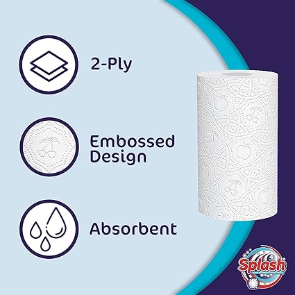 Splash 24 Pack 2 Ply Kitchen Towel Rolls Tissue Paper Cleaning White Paper Embossed Soft Absorbent 