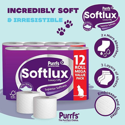 Softlux 60 Classic Unscented 3 Ply Toilet Roll Embossed Tissue Paper Quilted Mega Pack