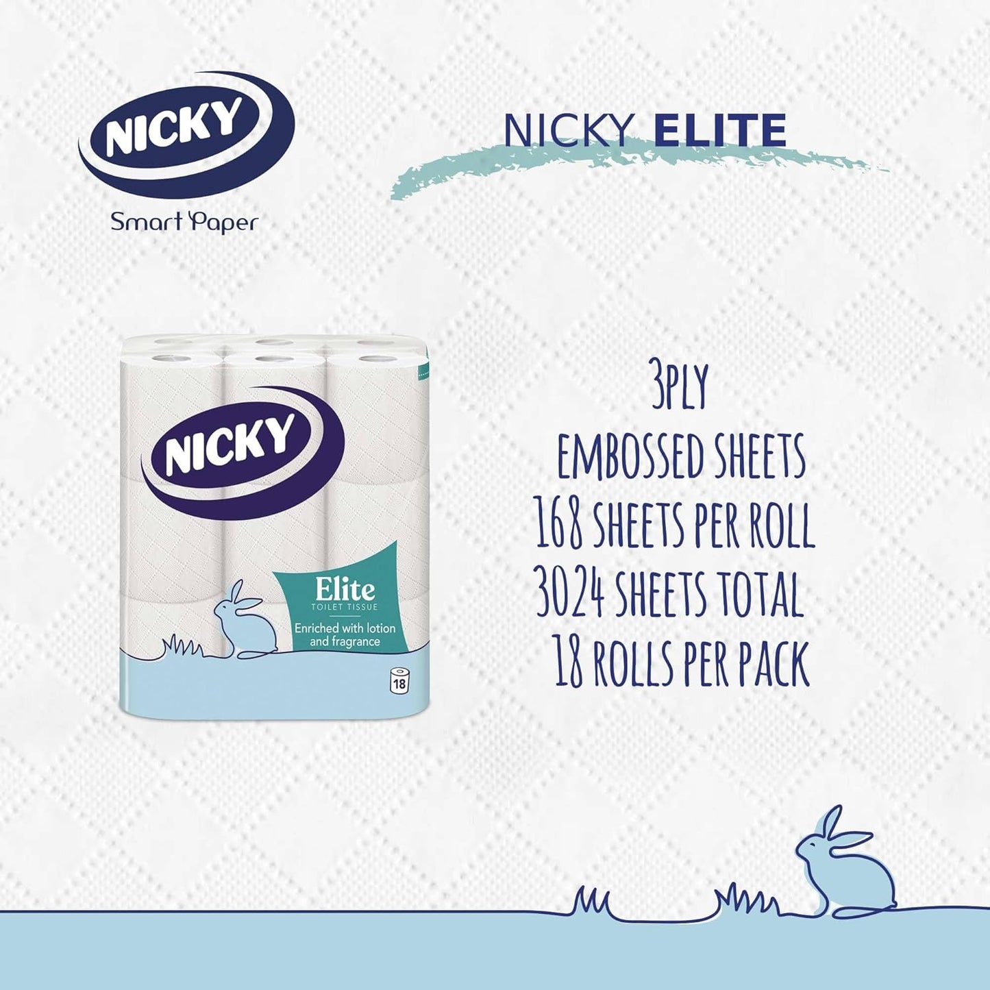 Nicky Elite Scented Toilet Tissue - 18 Rolls of White Toilet Paper, 3-ply, Talc Scent, Softness to The Skin, Enriched with Lotion, Extra Value Pack, 100% FSC Certified Paper