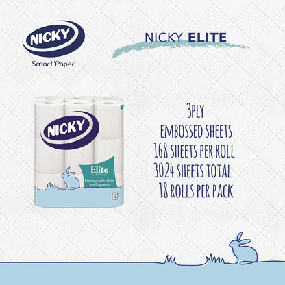 Nicky Elite Scented Toilet Tissue - 18 Rolls of White Toilet Paper, 3-ply, Talc Scent, Softness to The Skin, Enriched with Lotion, Extra Value Pack, 100% FSC Certified Paper