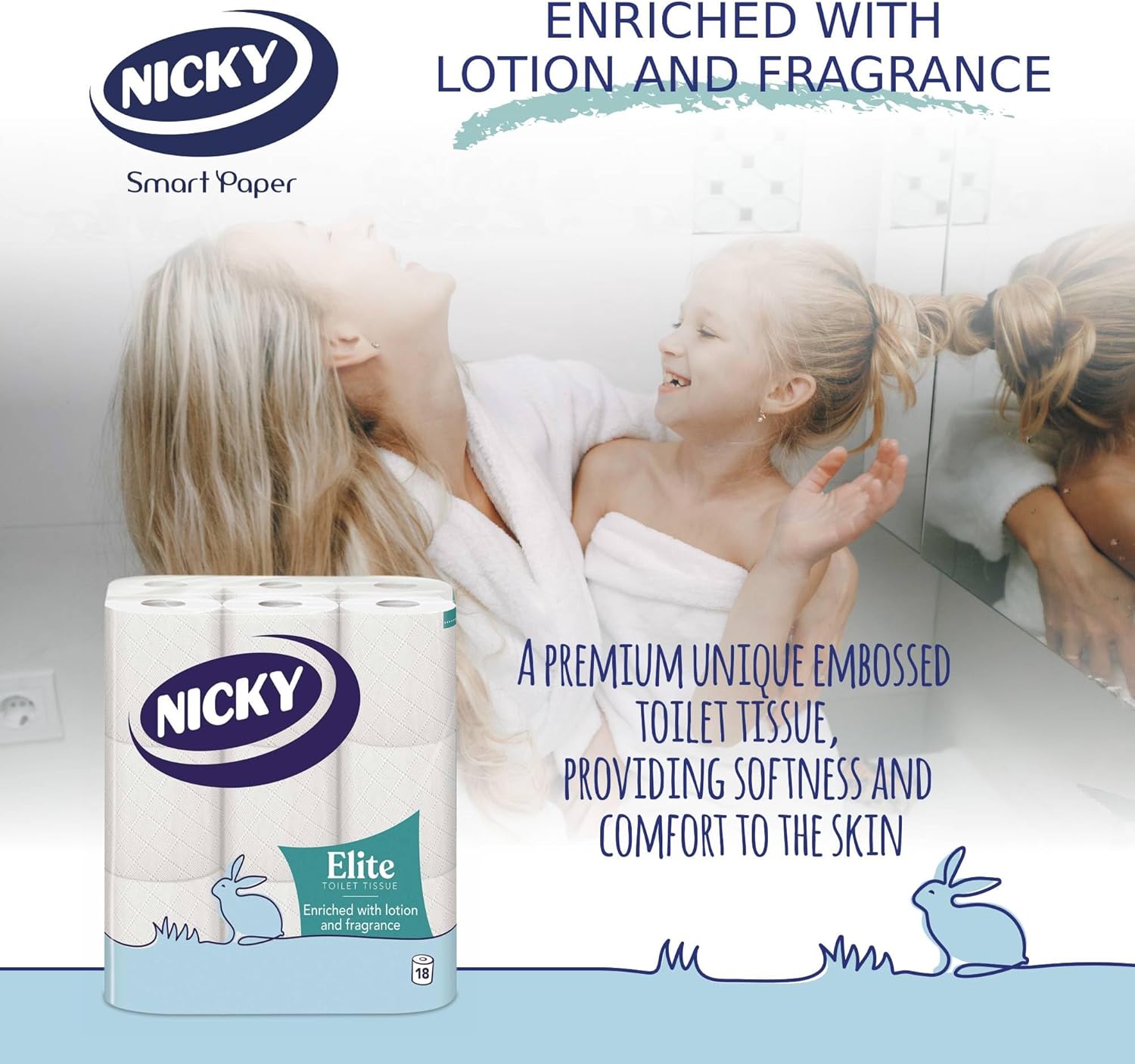 Nicky Elite Scented Toilet Tissue - 18 Rolls of White Toilet Paper, 3-ply, Talc Scent, Softness to The Skin, Enriched with Lotion, Extra Value Pack, 100% FSC Certified Paper