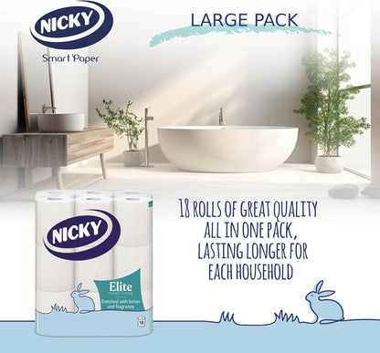 Nicky Elite Scented Toilet Tissue - 18 Rolls of White Toilet Paper, 3-ply, Talc Scent, Softness to The Skin, Enriched with Lotion, Extra Value Pack, 100% FSC Certified Paper