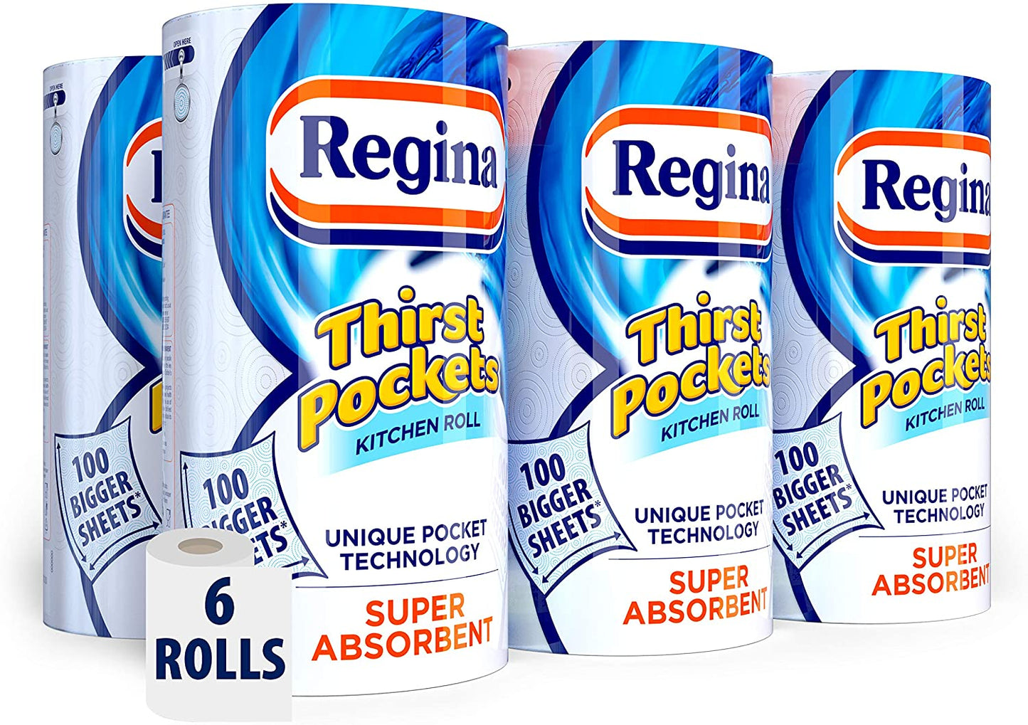Regina Thirst Pockets Kitchen Roll Extra Strong Large Sheets 6 Rolls 3 Ply Kitchen Cleaning Paper Towel 