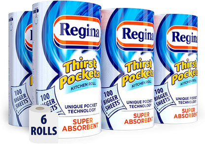 Regina Thirst Pockets Kitchen Roll Extra Strong Large Sheets 6 Rolls 3 Ply Kitchen Cleaning Paper Towel 