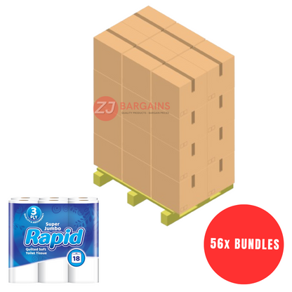 56x 36 Pack 3 Ply Super Rapid Jumbo Luxury Quilted Toilet Tissue Pack 18x2 Pallet Deal