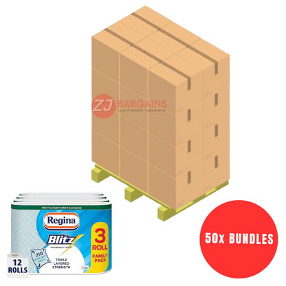 50x Regina Blitz Kitchen Towel Rolls 3 Ply 12 Rolls Super Strong Absorbent 70 Sheets Per Roll Pallet Deal