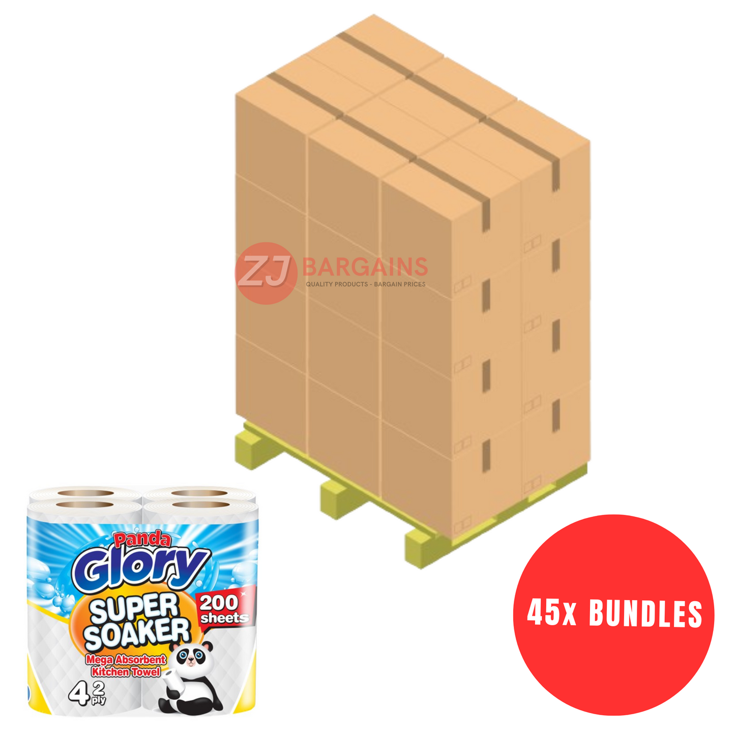 45x 24 Rolls Panda Super Soaker Kitchen Roll Towel 2 Ply Soft Absorbent 200 Sheets Per Roll Pallet Deal