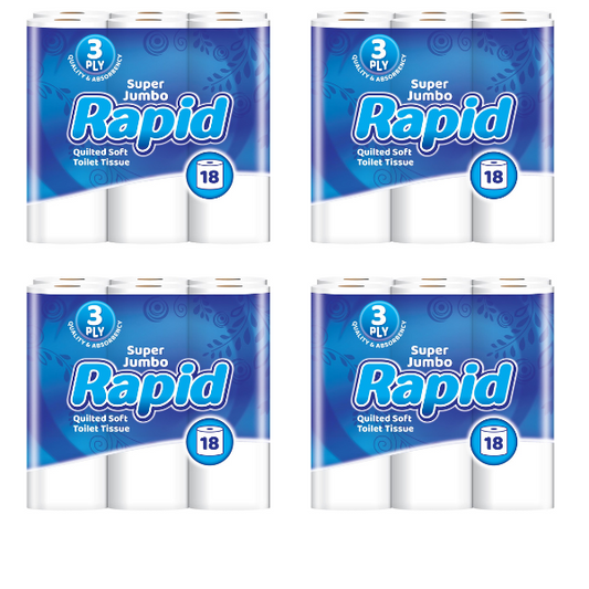 72 Pack 3 Ply Super Rapid Jumbo Luxury Quilted Toilet Tissue Pack 18x4
