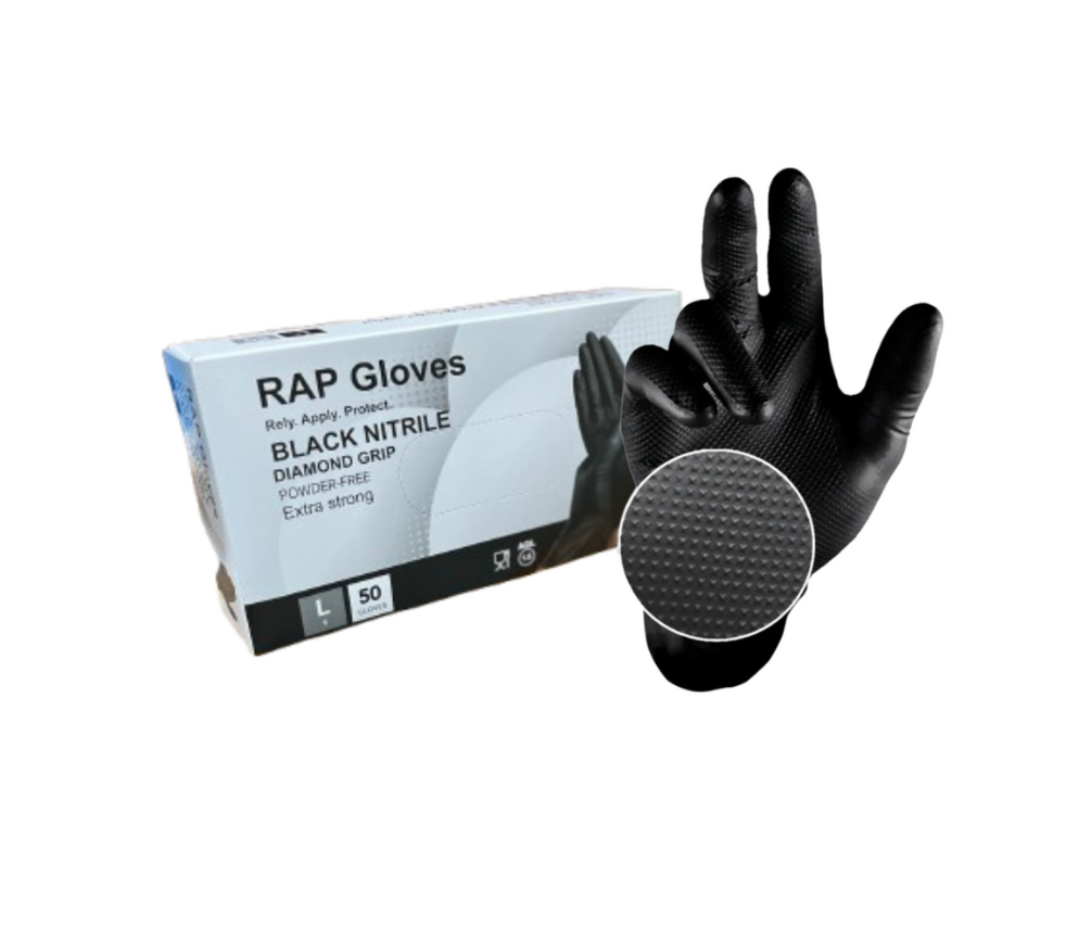 RAP Black Diamond Textured Heavy Duty Black Nitrile Disposable Gloves Powder Latex Free Pack Of 50