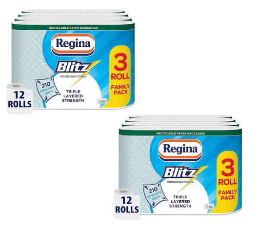 Regina Blitz Kitchen Towel Rolls 3 Ply 24 Rolls Super Strong Absorbent 70 Sheets Per Roll
