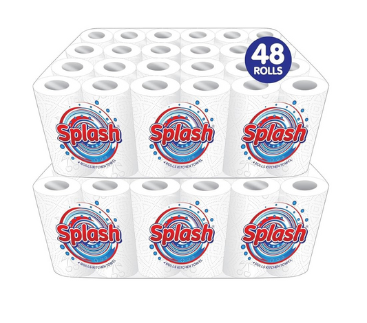 Splash 48 Pack 2 Ply Kitchen Towel Rolls Tissue Paper Cleaning White Paper Embossed Soft Absorbent