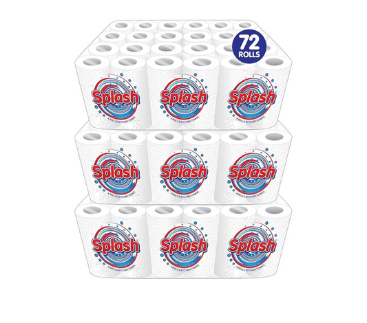 Splash 72 Pack 2 Ply Kitchen Towel Rolls Tissue Paper Cleaning White Paper Embossed Soft Absorbent