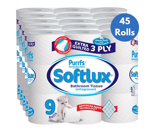 Softlux Non Scented Luxury 3 Ply Tissue Toilet Rolls 45 Pack Soft Strong Absorbent